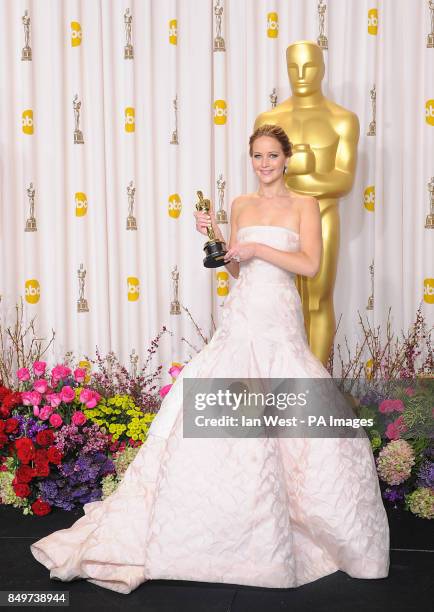 Jennifer Lawrence with her award for Best Actress received for her role in Silver Linings Playbook at the 85th Academy Awards at the Dolby Theatre,...