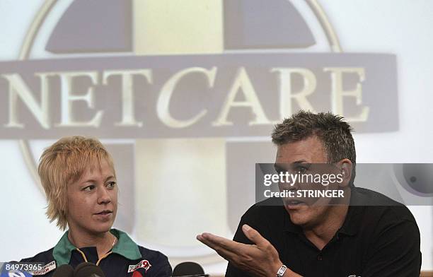 South African paralympic champion Oscar Pistorius manager Peet van Zyl and Dr Achen Laubscher give a press conference on February 22, 2008 at...