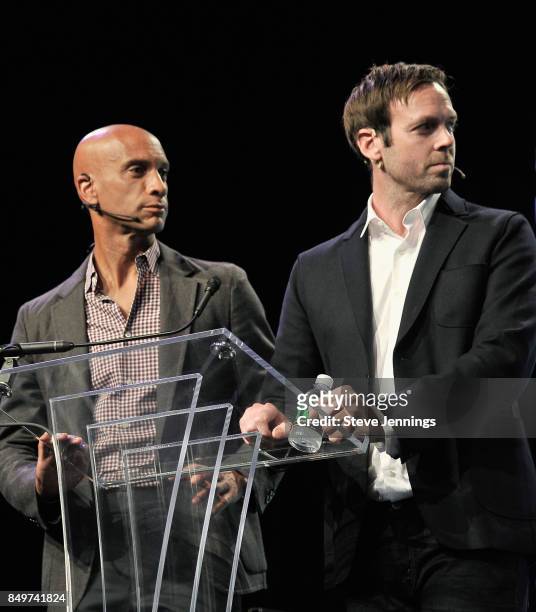 Ventures Co-Founder Adrian Fenty and Citizen Founder and CEO Andrew Frame speak onstage during TechCrunch Disrupt SF 2017 at Pier 48 on September 19,...