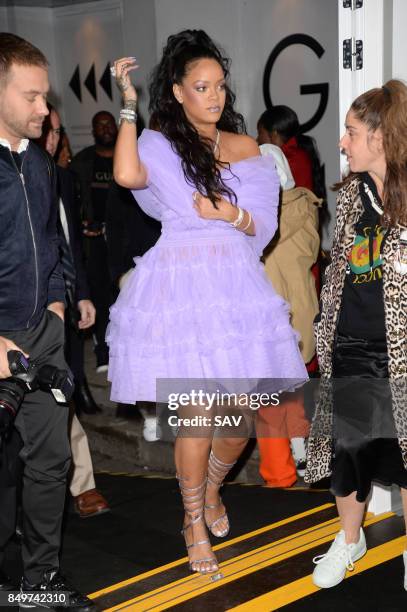 Rihanna arrives at the launch of her label Fenty Beauty at Harvey Nicholls on September 19, 2017 in London, England.