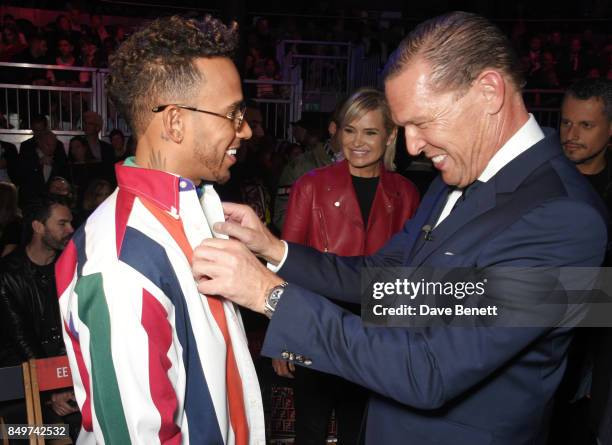 Lewis Hamilton, Yolanda Hadid and Frank Cancelloni attend the Tommy Hilfiger TOMMYNOW Fall 2017 Show during London Fashion Week September 2017 at The...