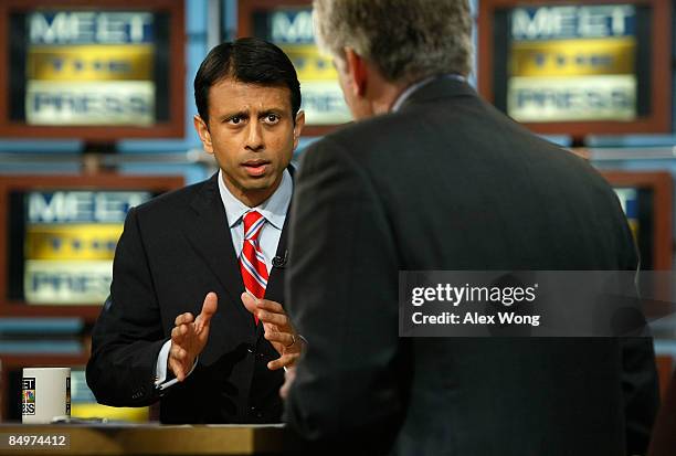 Louisiana Gov. Bobby Jindal speaks as he is interviewed by moderator David Gregory during a taping of "Meet the Press" at the NBC studios February...