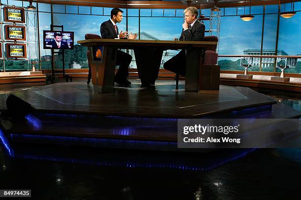 Louisiana Gov. Bobby Jindal speaks as he is interviewed by moderator David Gregory during a taping of "Meet the Press" at the NBC studios February...