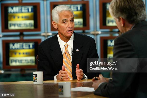 Florida Gov. Charlie Crist speaks as he is interviewed by moderator David Gregory during a taping of "Meet the Press" at the NBC studios February 22,...