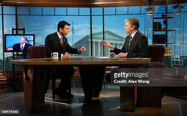 Louisiana Gov. Bobby Jindal speaks as he is interviewed by moderator David Gregory during a taping of "Meet the Press" at the NBC studios February...
