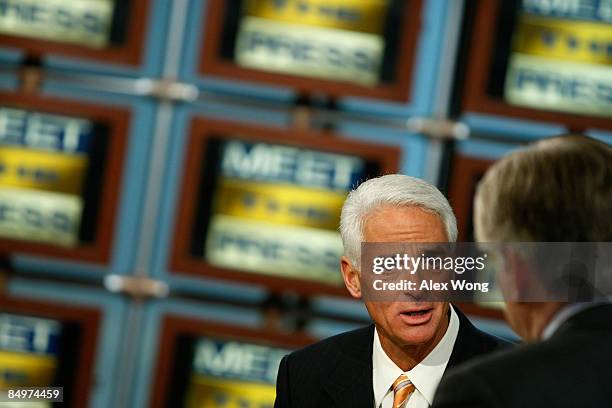 Florida Gov. Charlie Crist speaks as he is interviewed by moderator David Gregory during a taping of "Meet the Press" at the NBC studios February 22,...