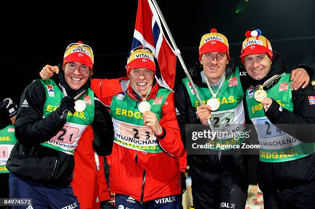 Emil Hegle Svendsen, Halvard Hanevold, Lars Berger and Ole Einar Bjoerndalen of Norway take first place during the IBU Biathlon World Championships...