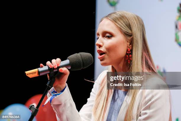 German actress and singer Lina Larissa Strahl performs during the KinderTag to celebrate children's day on September 19, 2017 in Berlin, Germany.