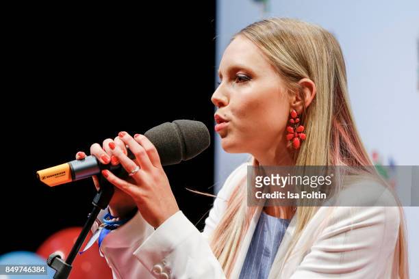 German actress and singer Lina Larissa Strahl performs during the KinderTag to celebrate children's day on September 19, 2017 in Berlin, Germany.
