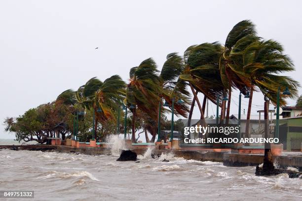 Winds lash the coastal city of Fajardo as Hurricane Maria approaches Puerto Rico, on September 19, 2017. - Maria headed towards the Virgin Islands...