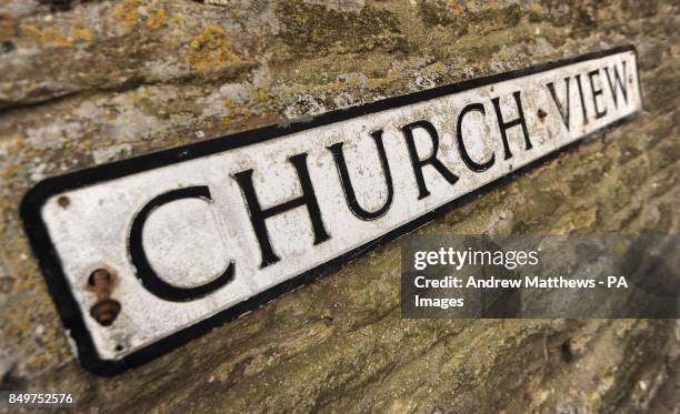 General view of a sign for Church View in Bampton Village in Oxfordshire. Church View is home to many of the houses transformed when filming of...