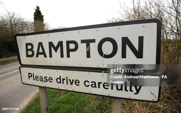General view of a sign for Bampton Village in Oxfordshire. Bampton is changed into the fictional village of Downton a few weeks a year when filming...