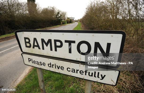 General view of a sign for Bampton Village in Oxfordshire. Bampton is changed into the fictional village of Downton a few weeks a year when filming...