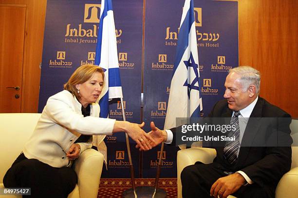 Israeli Likud leader Benjamin Netanyahu meets with Israeli Kadima party leader Tzipi Livni, on February 22, 2009 in Jerusalem, Israel. Israeli Prime...