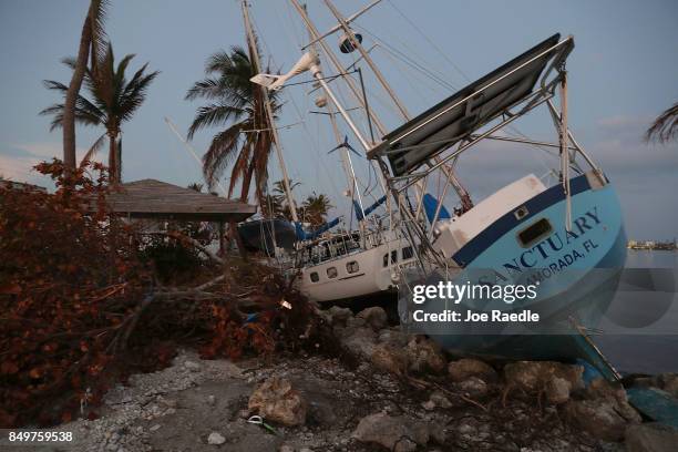 Boats are pushed up along the shore line after hurricane Irma passed through the area on September 19, 2017 in Marathon, Florida. The process of...