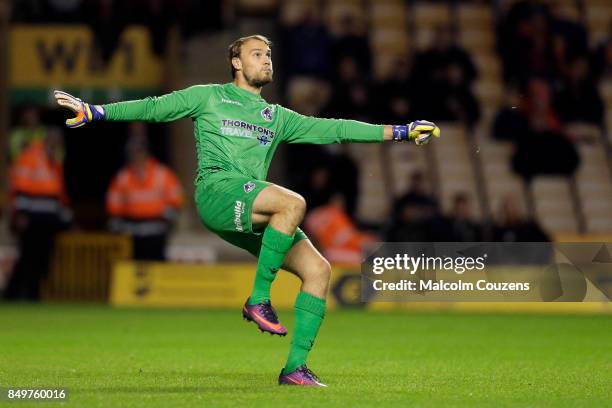 Bristol Rovers goalkeeper Sam Slocombe clears the ball during the Carabao Cup tie between Wolverhampton Wanderers and Bristol Rovers at Molineux on...