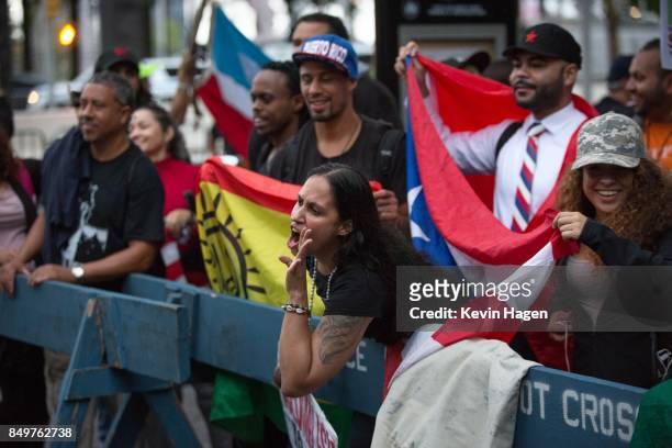 Activists calling for an independent Puerto Rico demonstrate in Dag Hammarskjold Plaza across from the United Nations on September 19, 2017 in New...