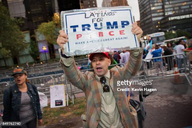 Pro-Trump activists demonstrate in Dag Hammarskjold Plaza across from the United Nations on September 19, 2017 in New York City. President Donald...