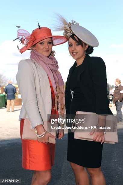 Georgie Turner from Cheltenham and Geraldine Murphy from Cork attend Ladies Day at the 2012 Cheltenham Festival.