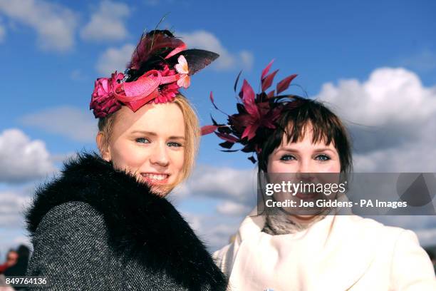 Sarah Judge from Sligo and Breonie Macmahon from Canada attend Ladies Day at the 2012 Cheltenham Festival.