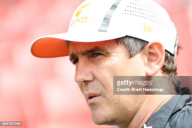 Coach of the Giants, Leon Cameron speaks to the media during a GWS Giants AFL Training Session at Spotless Stadium on September 20, 2017 in Sydney,...