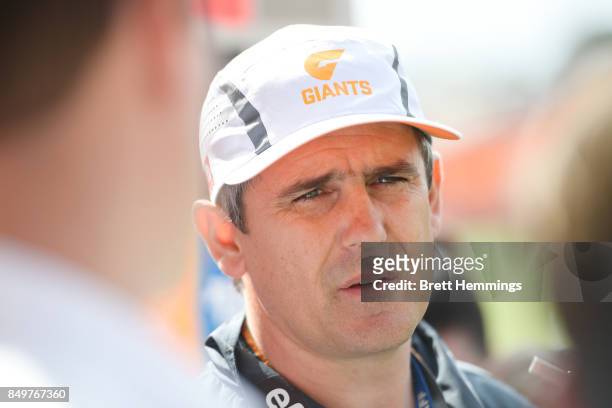 Coach of the Giants, Leon Cameron speaks to the media during a GWS Giants AFL Training Session at Spotless Stadium on September 20, 2017 in Sydney,...