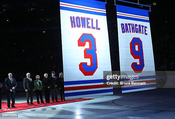 Former New York Ranger players Harry Howell and Andy Bathgate have their numbers retired by the team prior to the game between the Toronto Maple...