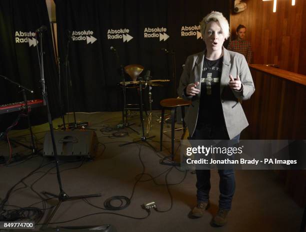 Vicki Blight introduces Theo Hutchcraft and Adam Anderson of Hurts at a live music session for Absolute Radio at their studios in London. PRESS...