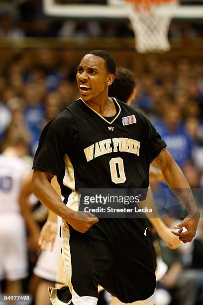 Jeff Teague of the Wake Forest Demon Deacons reacts to making a basket against the Duke Blue Devils during their game at Cameron Indoor Stadium on...