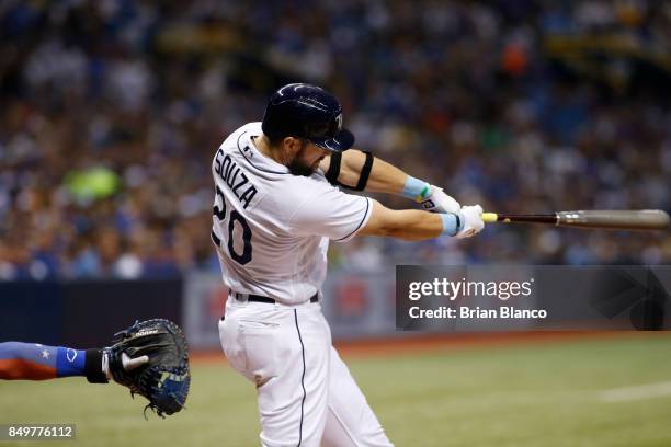 Steven Souza Jr. #20 of the Tampa Bay Rays strikes out swinging to pitcher Mike Montgomery of the Chicago Cubs to end the sixth inning of a game on...