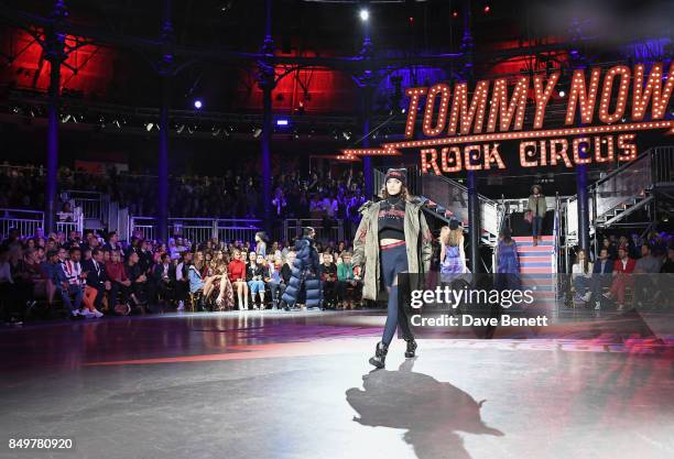 Model walks the runway at the Tommy Hilfiger TOMMYNOW Fall 2017 Show during London Fashion Week September 2017 at The Roundhouse on September 19,...