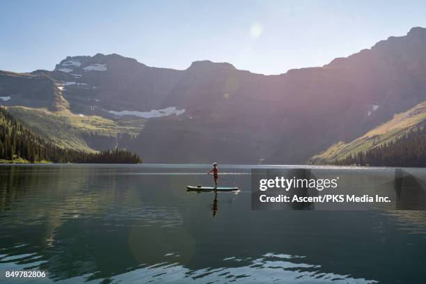 female paddle boarder enjoys the stillness of a mountain lake - waterton lakes national park stock-fotos und bilder