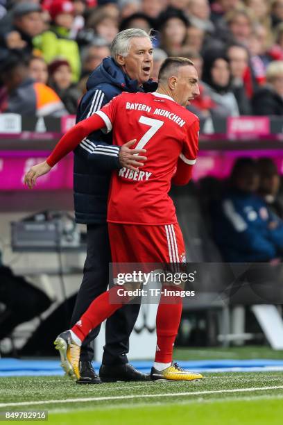 Head coach Carlo Ancelotti of Muenchen and Franck Ribery of Muenchen looks on during the Bundesliga match between FC Bayern Muenchen and 1. FSV Mainz...