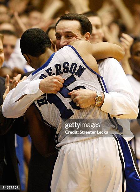 Head coach Mike Krzyzewski of the Duke Blue Devils hugs Gerald Henderson against the Wake Forest Demon Deacons during their game at Cameron Indoor...
