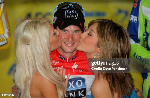 Frank Schleck of Luxembourg and riding for Saxo Bank takes the podium after winning Stage 8 of the AMGEN Tour of California from Rancho Bernardo to...