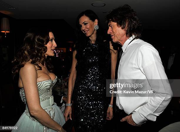 Actress Sarah Jessica Parker, designer L'Wren Scott and musician Mick Jagger attend the 2009 Vanity Fair Oscar party hosted by Graydon Carter at the...