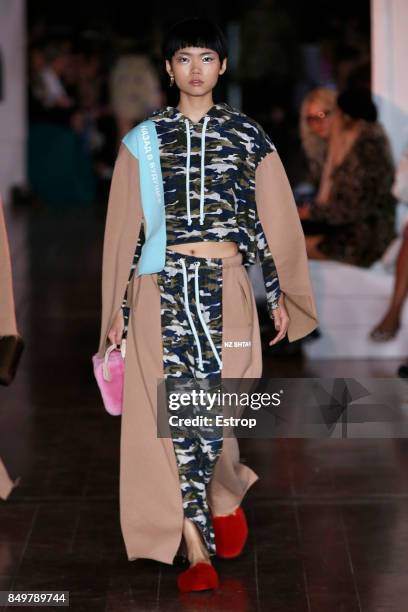 Model walks the runway at the Natasha Zinko show during London Fashion Week September 2017 on September 19, 2017 in London, England.