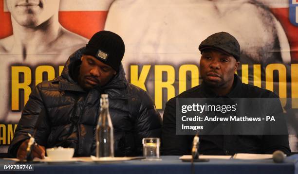 Dereck Chisora and his trainer Don Charles during the press conference at the Landmark Hotel, London.