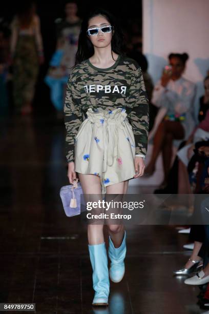 Model walks the runway at the Natasha Zinko show during London Fashion Week September 2017 on September 19, 2017 in London, England.