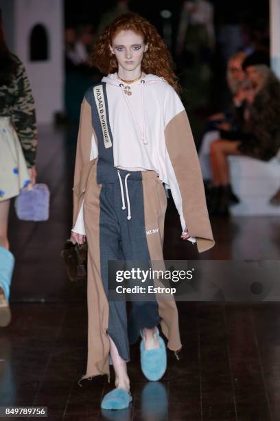 Model walks the runway at the Natasha Zinko show during London Fashion Week September 2017 on September 19, 2017 in London, England.