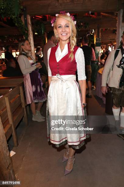 Kristina Bach wearing a dirndl by 'Alpenherz' during the "Alpenherz Wies'n" as part of the Oktoberfest at Theresienwiese on September 19, 2017 in...