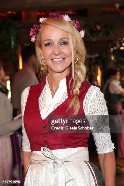 Kristina Bach wearing a dirndl by 'Alpenherz' during the "Alpenherz Wies'n" as part of the Oktoberfest at Theresienwiese on September 19, 2017 in...