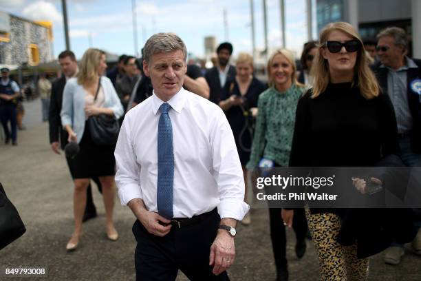 Prime Minister Bill English walks through Auckland's Viaduct Harbour on September 20, 2017 in Auckland, New Zealand. Voters head to the polls on...