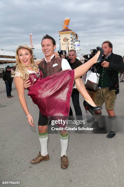 Stefan Mross and his girlfriend Anna-Carina Woitschack during the "Alpenherz Wies'n" as part of the Oktoberfest at Theresienwiese on September 19,...