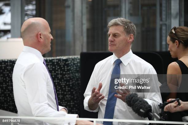 Prime Minister Bill English meets with staff from ANZ in Auckland's Viaduct Harbour on September 20, 2017 in Auckland, New Zealand. Voters head to...