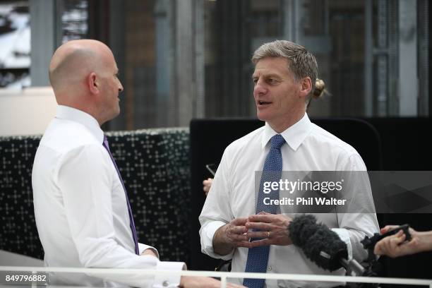 Prime Minister Bill English meets with staff from ANZ in Auckland's Viaduct Harbour on September 20, 2017 in Auckland, New Zealand. Voters head to...