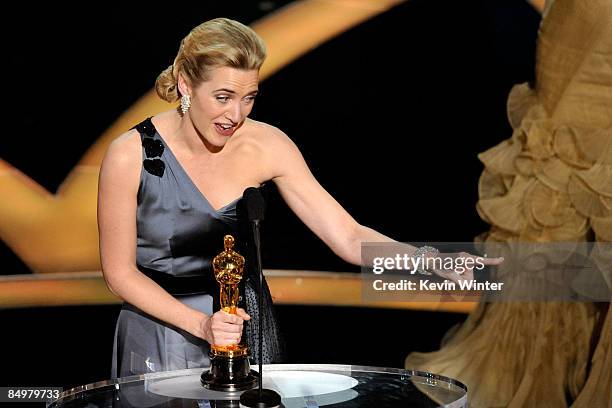 Actress Kate Winslet speaks on stage after winning the Best Actress award for "The Reader" during the 81st Annual Academy Awards held at Kodak...