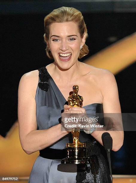 Actress Kate Winslet speaks on stage after winning the Best Actress award for "The Reader" during the 81st Annual Academy Awards held at Kodak...