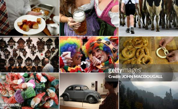 Combination of file pictures created on September 19, 2017 shows stereotypes of the German identity : A man hoding a Currywurst sausage , girls...