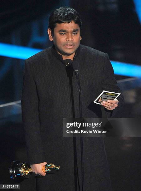 Composer A.R. Rahman for �Slumdog Millionaire� accepts the award for Achievement in Music Written for Motion Pictures during the 81st Annual Academy...